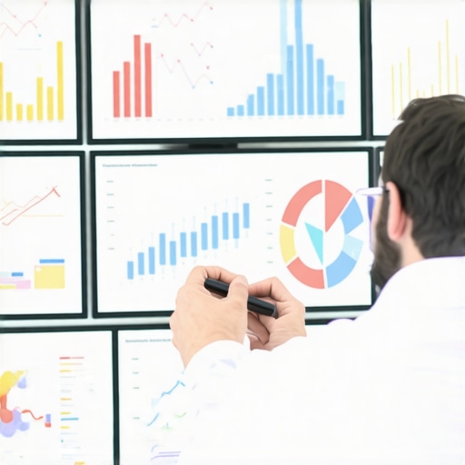 Data Analytics for Trust Building Business professional analyzing data charts on computer screens, symbolizing trust and strategic insights.