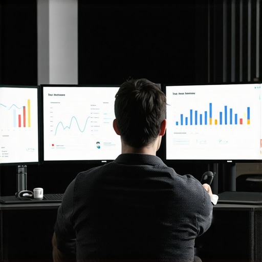 SEO analyst analyzing trust metrics on multiple screens.