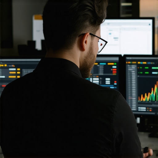 Digital marketing expert reviewing SEO and analytics data on multiple screens in a modern office