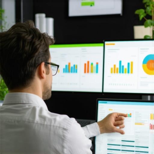 AI-Powered SEO Analytics Dashboard Professional analyzing advanced SEO analytics with AI insights in a modern office.