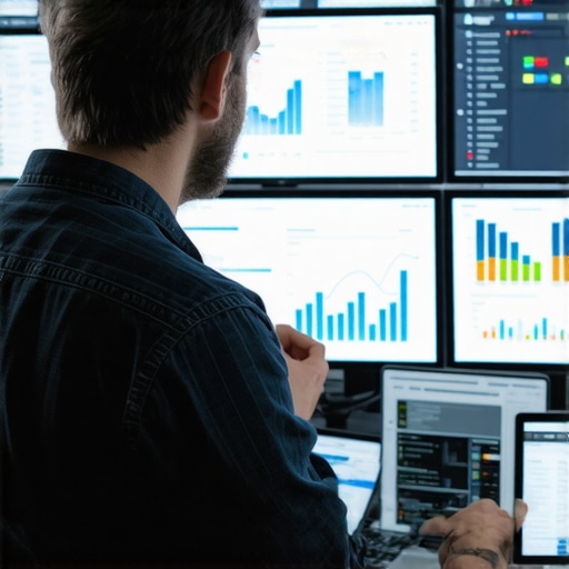 Person analyzing website data analytics on screens with graphs and charts.