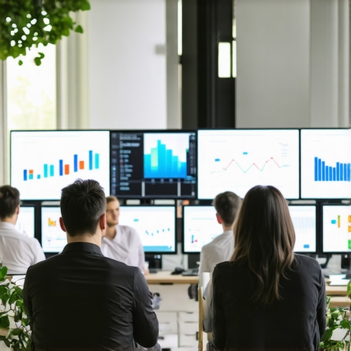 Team working with data analytics on screens to build brand trust.