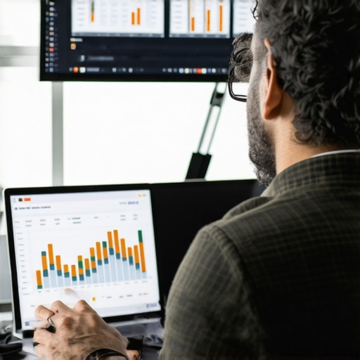 Marketer analyzing data charts on screens in an office