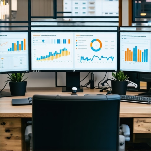 Person analyzing SEO data on multiple screens in a sleek office setting.
