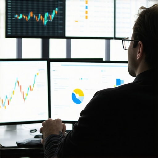 Business professional reviewing analytics dashboards in a modern office