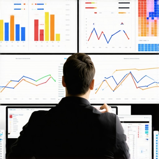 Analytics Dashboard A digital marketing professional analyzing a vibrant data dashboard with charts and graphs.