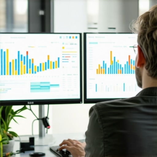 Person reviewing SEO analytics on computer screens with charts and graphs