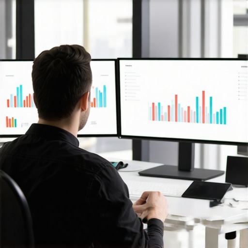 A person reviewing website analytics charts on computer screens in an office.