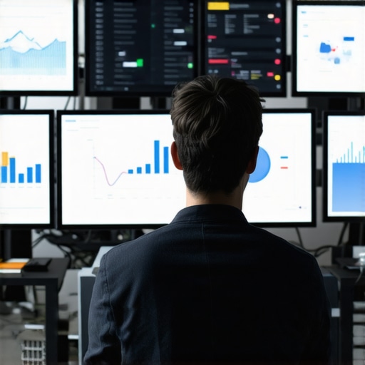 A person analyzing website analytics data on multiple screens with charts and graphs.