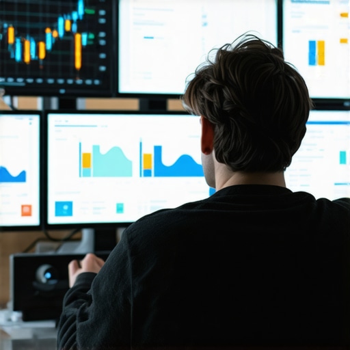 A person analyzing website analytics on monitors filled with graphs and metrics.