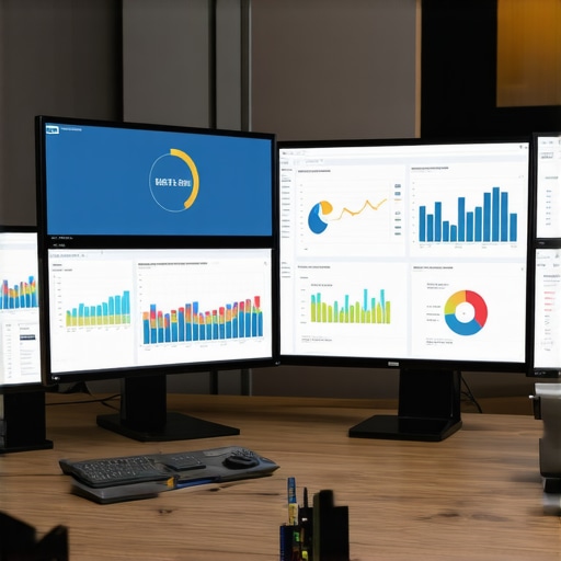 Person monitoring analytics dashboards on multiple screens in a modern office environment, symbolizing ongoing brand tracking and optimization.