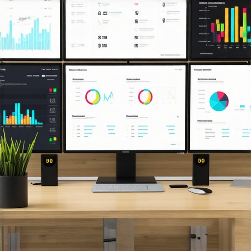 Person analyzing data on multiple screens in a modern office setup.