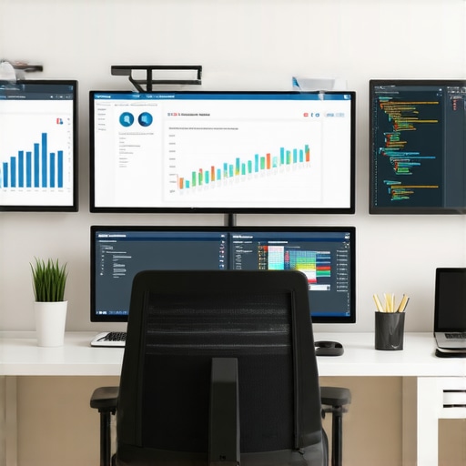 A workspace setup with computers showing SEO and analytics dashboards