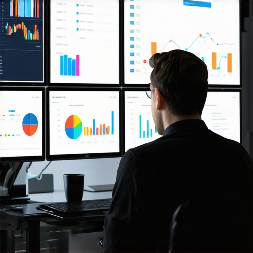 Professional analyzing marketing data on multiple screens to ensure long-term success