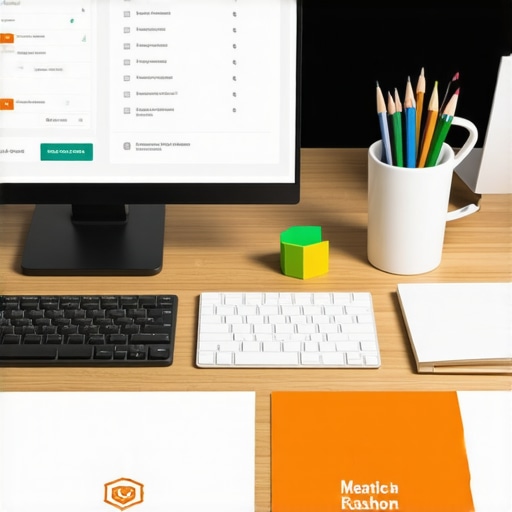 A digital workspace showing analytics data, author verification badge, and branding icons, symbolizing ongoing SEO and reputation management.