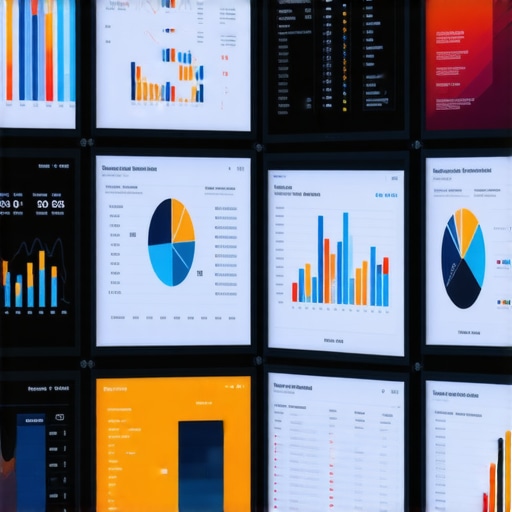 A workspace featuring monitor screens showing digital analytics dashboards and trust signals