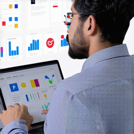 A marketer reviewing trust badges and analytics data on a laptop.