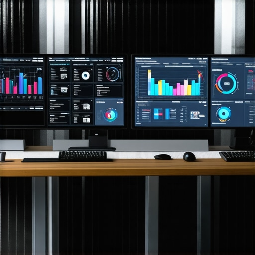 A workspace with screens displaying data analytics and branding metrics, representing ongoing management of digital strategy.