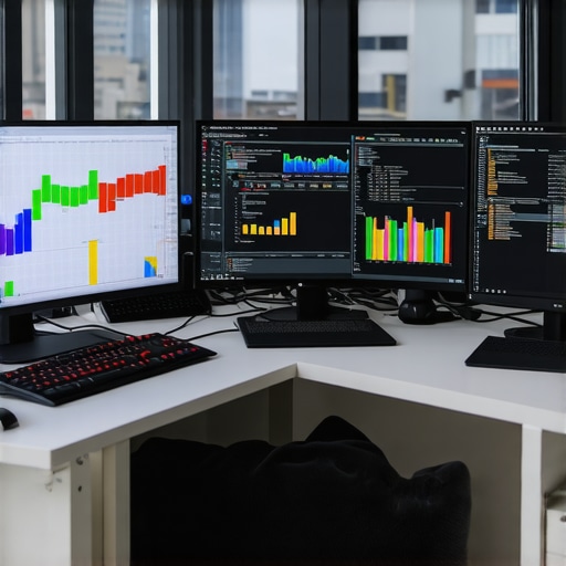 A workspace with screens showing analytics data, dashboards, and coding tools for digital strategy