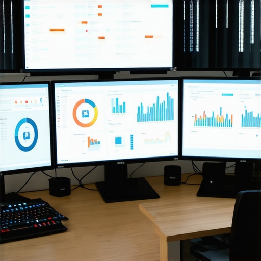 A person managing SEO analytics on multiple screens in a modern office.