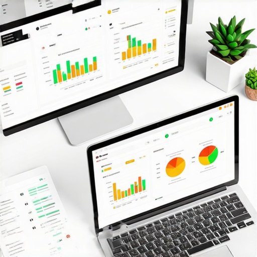 Modern workspace with screens displaying analytics, SEO, and conversion data, illustrating maintaining digital growth.